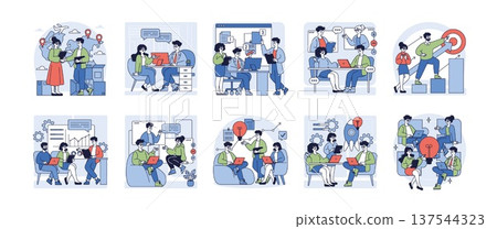 Vector illustration set depicting business collaboration, teamwork, and strategy planning. Scenes include meetings, brainstorming, target setting, and digital discussions with diverse teams. 137544323