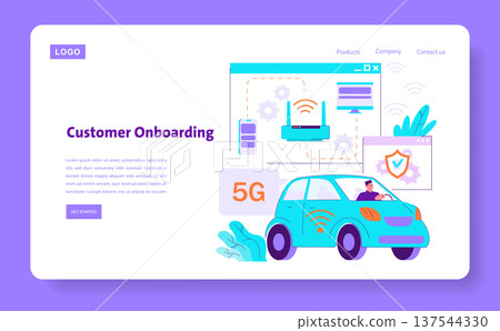 Vector illustration showing a customer onboarding process with 5G technology. A person drives a car connected to a network, highlighting smart connectivity and security features. Vector illustration showing a customer onboarding process with 5G technology. A person drives a car connected to a network, highlighting smart connectivity and security features. 137544330