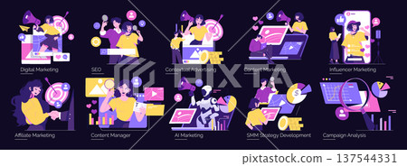 Vector illustration set depicting digital marketing and advertising concepts such as content creation, SEO, influencer marketing, and AI strategies. People actively engage in marketing activities with 137544331