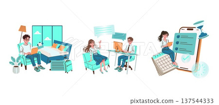 Vector illustration depicting diverse scenes of remote work and planning. Individuals are engaged in laptop tasks, video meetings, and organizing schedules using digital tools. Vector illustration depicting diverse scenes of remote work and planning. Individuals are engaged in laptop tasks, video meetings, and organizing schedules using digital tools. 137544333