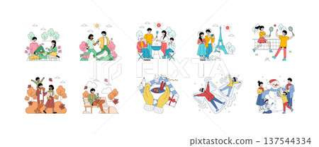 Colorful set of vector illustrations depicting family and friends enjoying activities in various seasons. Scenes include picnics, sports, cooking, and snow games, highlighting joy and connection. Colorful set of vector illustrations depicting family and friends enjoying activities in various seasons. Scenes include picnics, sports, cooking, and snow games, highlighting joy and connection. 137544334