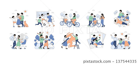 Vector illustration set depicting various family activities outdoors. Scenes include playing soccer, cycling together, picnicking, family walks with children, and enjoying creative pursuits. Vector illustration set depicting various family activities outdoors. Scenes include playing soccer, cycling together, picnicking, family walks with children, and enjoying creative pursuits. 137544335