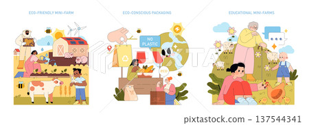 Vector illustration set depicting eco-friendly practices. Includes a mini-farm with solar panels, eco-conscious packaging with no plastic, and educational farms promoting sustainability. Vector illustration set depicting eco-friendly practices. Includes a mini-farm with solar panels, eco-conscious packaging with no plastic, and educational farms promoting sustainability. 137544341