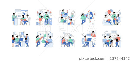Vector illustration showing various business scenes with teamwork and project discussions. Illustrations depict teamwork, presentation, brainstorming, remote work, planning, and communication. 137544342