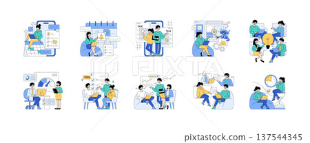 Vector illustrations depicting team collaboration, planning, and productivity enhancement with digital tools and teamwork. People engaged in creative and analytical activities. 137544345
