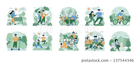 Vector illustration depicting people having a good time in a park setting. Activities include walking, jogging, cycling, yoga, reading, picnicking, and conversations, showcasing diverse leisure Vector illustration depicting people having a good time in a park setting. Activities include walking, jogging, cycling, yoga, reading, picnicking, and conversations, showcasing diverse leisure 137544346