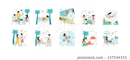 Vector illustration set depicting various summer vacation activities, including barbecuing, relaxing on the beach, exploring underwater, and enjoying sunset views. Perfect for travel and leisure 137544355