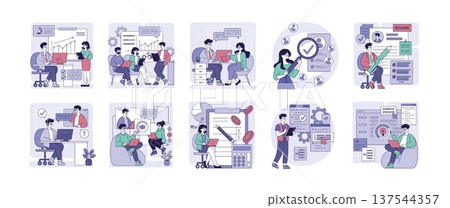 Vector illustration set showing various scenes of team collaboration, data analysis, and project management. Depicts professionals in engaging discussions and decision-making processes. 137544357