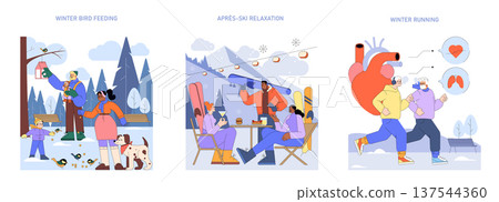 Winter scene with people feeding birds, and jogging outdoors. Designed as a vector illustration for seasonal activities representing leisure and health. Winter scene with people feeding birds, and jogging outdoors. Designed as a vector illustration for seasonal activities representing leisure and health. 137544360
