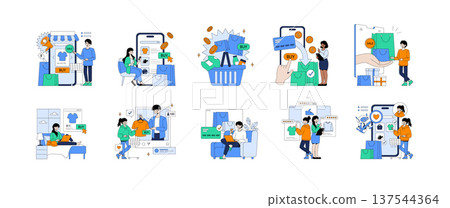 Vector illustration set depicting diverse online shopping scenarios with people using smartphones and laptops to purchase items, emphasizing convenience and digital transactions. 137544364