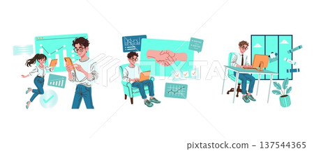 Vector illustration showcasing business and work activities. Individuals engaged with devices and symbols reflecting teamwork, productivity, and positive communication. Ideal for business themes. 137544365