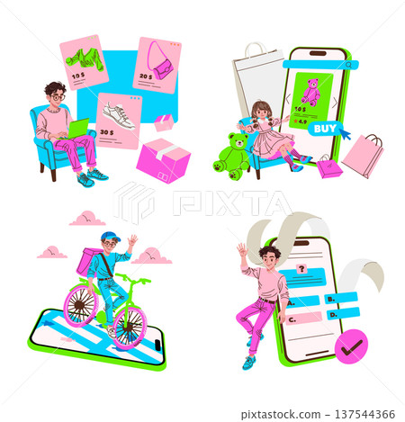 Vector illustration set featuring online shopping, product browsing, delivery services, and digital transactions. Characters engage with smartphones, emphasizing modern retail experiences. Vector illustration set featuring online shopping, product browsing, delivery services, and digital transactions. Characters engage with smartphones, emphasizing modern retail experiences. 137544366