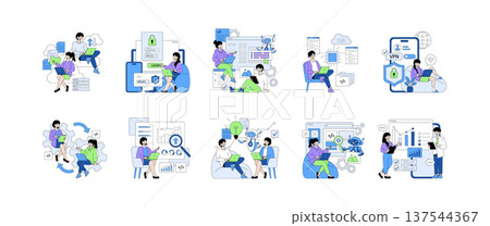 Vector illustration set showing diverse tech team collaborating on digital projects. Features include data analysis, programming, cybersecurity, and interactive design with visible teamwork. Vector illustration set showing diverse tech team collaborating on digital projects. Features include data analysis, programming, cybersecurity, and interactive design with visible teamwork. 137544367