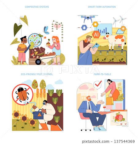 Vector illustration showing sustainable agriculture techniques. Includes smart farming, eco-friendly pest control, composting, and farm-to-table concepts. Emphasizes technology and sustainability. 137544369