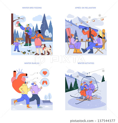 Vector illustration depicting people involved in various winter activities such as feeding birds, ski relaxation, running, and skiing. Emphasizes outdoor fun and seasonal enjoyment. Vector illustration depicting people involved in various winter activities such as feeding birds, ski relaxation, running, and skiing. Emphasizes outdoor fun and seasonal enjoyment. 137544377
