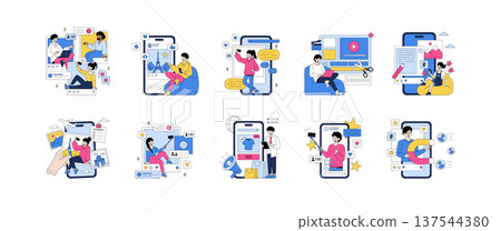 Vector illustration showcasing dynamic social media interactions, content creation, and digital marketing strategies. Includes various activities like blogging, sharing selfies, and online shopping. Vector illustration showcasing dynamic social media interactions, content creation, and digital marketing strategies. Includes various activities like blogging, sharing selfies, and online shopping. 137544380