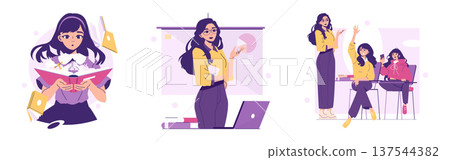 Vector illustration of women in three different educational scenarios: reading a book, presenting at a board, and engaging in a classroom setting. Expressions vary from curious to enthusiastic. Vector illustration of women in three different educational scenarios: reading a book, presenting at a board, and engaging in a classroom setting. Expressions vary from curious to enthusiastic. 137544382