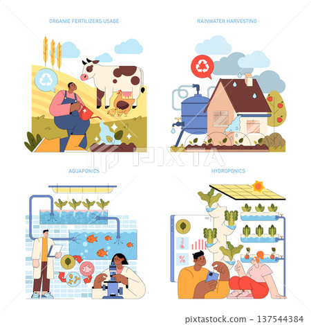 Vector illustration set depicting sustainable farming techniques. Includes scenes of organic fertilizer use, rainwater harvesting, aquaponics, and hydroponics. Engages viewers with colorful visuals 137544384