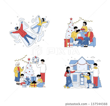 Vector illustration depicts a joyful family celebrating Christmas indoors and outdoors. Children making snow angels, decorating a tree, and hanging lights with cheerful expressions. Vector illustration depicts a joyful family celebrating Christmas indoors and outdoors. Children making snow angels, decorating a tree, and hanging lights with cheerful expressions. 137544388