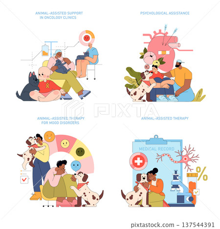Vector illustration depicting animal-assisted therapy in various medical and psychological settings. Includes oncology support, psychological assistance, and therapy for mood disorders. Vector illustration depicting animal-assisted therapy in various medical and psychological settings. Includes oncology support, psychological assistance, and therapy for mood disorders. 137544391