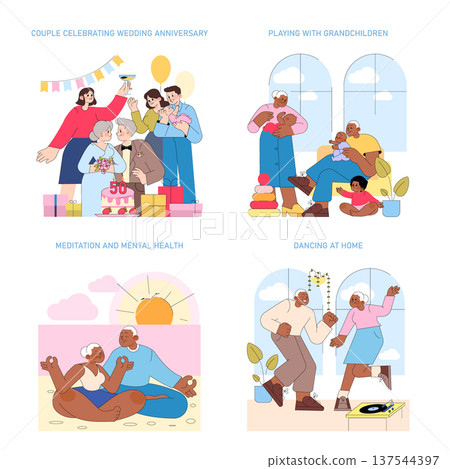 Vector illustration of a family gathered to celebrate a couple's 50th wedding anniversary. The scene is joyful, featuring cake, gifts, and warm, happy interactions among family members. 137544397