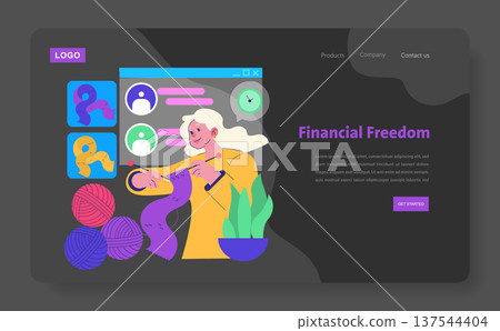 Vector illustration depicting a woman happily knitting while a computer screen shows video chat interfaces. Colorful yarn balls surround the scene, adding a creative touch. 137544404