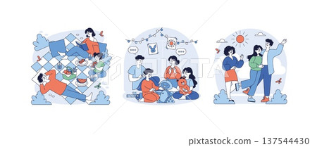 Vector illustration depicting a family enjoying various bonding activities: a picnic, playing with toys indoors, and a joyful outdoor walk. Captures moments of happiness and togetherness. Vector illustration depicting a family enjoying various bonding activities: a picnic, playing with toys indoors, and a joyful outdoor walk. Captures moments of happiness and togetherness. 137544430