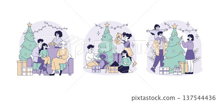 Vector illustration of a family gathering around a decorated Christmas tree sharing gifts and enjoying festive moments. Includes joyful expressions, presents, and holiday decorations. Vector illustration of a family gathering around a decorated Christmas tree sharing gifts and enjoying festive moments. Includes joyful expressions, presents, and holiday decorations. 137544436