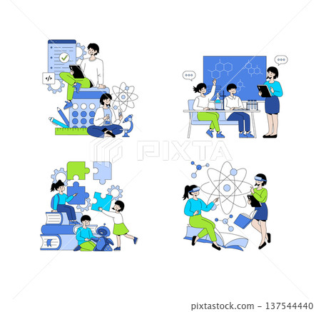 Vector illustration showcasing people engaging in science and technology activities, including coding, chemistry experiments, robotics, and virtual reality, highlighting educational interaction. Vector illustration showcasing people engaging in science and technology activities, including coding, chemistry experiments, robotics, and virtual reality, highlighting educational interaction. 137544440