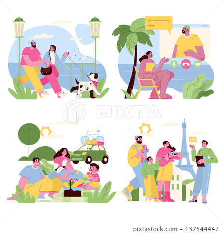 Vector illustration of family activities and virtual communication. Scenes depict a couple walking their dog, a virtual chat, a picnic with kids, and a family taking photos near a famous landmark. 137544442