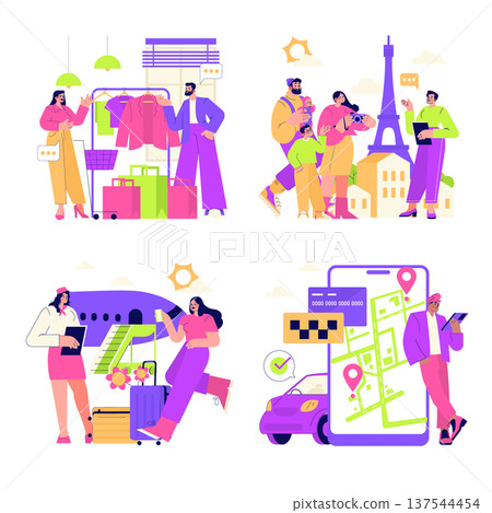 Vibrant vector illustration depicting various travel scenarios. People shop for clothes, explore a city, prepare for air travel, and use digital maps. Perfect for travel and lifestyle concepts. 137544454