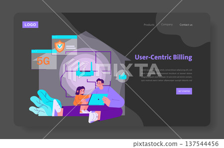 Vector illustration of a family engaging with digital devices, emphasizing 5G connectivity and internet security. Features user-centric billing and communication visuals in a modern web layout. 137544456