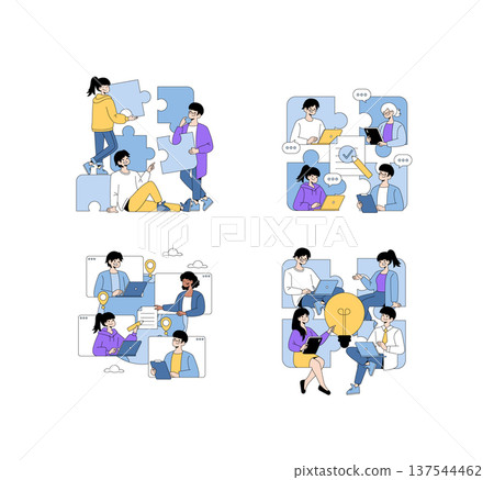 Vector illustration depicting groups of people engaging in teamwork activities, solving puzzles, brainstorming ideas, and communicating through digital platforms. Concepts of collaboration and Vector illustration depicting groups of people engaging in teamwork activities, solving puzzles, brainstorming ideas, and communicating through digital platforms. Concepts of collaboration and 137544462