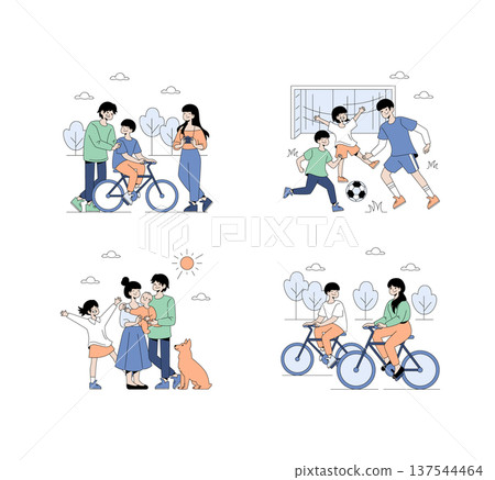 Vector illustration set depicting family outdoor activities. Scenes include bicycle riding, playing soccer, and enjoying time with pets, highlighting joy and family bonding. Vector illustration set depicting family outdoor activities. Scenes include bicycle riding, playing soccer, and enjoying time with pets, highlighting joy and family bonding. 137544464