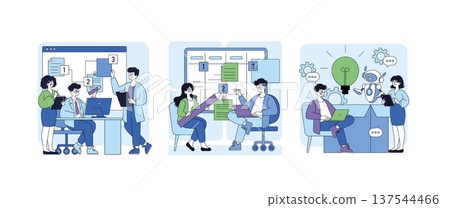Vector illustration depicting individuals engaged in creative project management. Various tasks are organized on a board, highlighting teamwork, brainstorming, and planning processes. 137544466