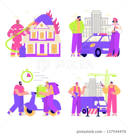 Vector illustration depicting various professions. A firefighter extinguishes a house fire, a police officer interacts, delivery men coordinate packages, and construction workers discuss a project. Vector illustration depicting various professions. A firefighter extinguishes a house fire, a police officer interacts, delivery men coordinate packages, and construction workers discuss a project. 137544478