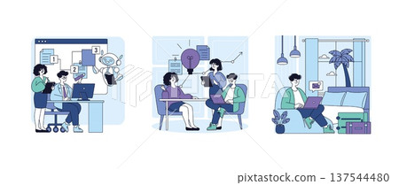 Vector illustration of a team using AI robot for task management, group engaging in creative idea sessions, and working remotely with laptops. Highlights innovation and teamwork. Vector illustration of a team using AI robot for task management, group engaging in creative idea sessions, and working remotely with laptops. Highlights innovation and teamwork. 137544480
