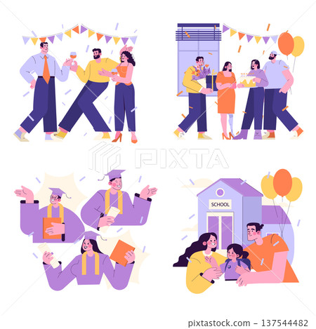Vector illustration set depicting various celebrations. People are seen enjoying parties with friends and family, graduates celebrating achievements, and a family outside a school building. Vector illustration set depicting various celebrations. People are seen enjoying parties with friends and family, graduates celebrating achievements, and a family outside a school building. 137544482