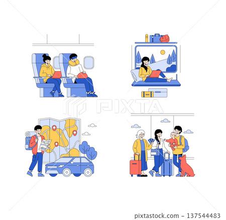 Vector illustration set depicting various travel and leisure activities. Includes airplane travel with laptops, solo backpacking with maps, family airport scenes, and train journeys with luggage. Vector illustration set depicting various travel and leisure activities. Includes airplane travel with laptops, solo backpacking with maps, family airport scenes, and train journeys with luggage. 137544483