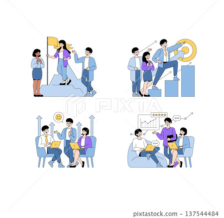 Vector illustration showcasing teamwork in various business scenarios, including goal achievement, data analysis, and collaborative planning with diverse team members interacting dynamically. Vector illustration showcasing teamwork in various business scenarios, including goal achievement, data analysis, and collaborative planning with diverse team members interacting dynamically. 137544484