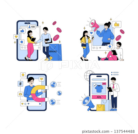 Vector illustration depicting various social media marketing actions. People interact with digital platforms, showcasing branding, engagement, and online communication strategies. 137544488