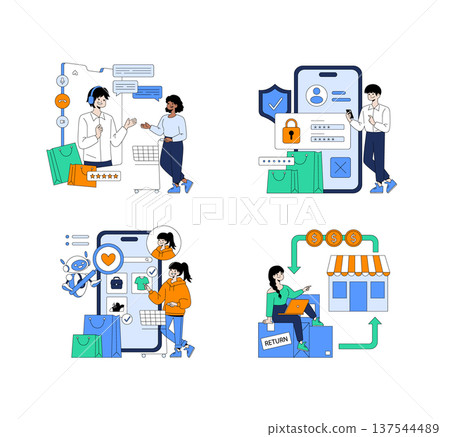 Vector illustration depicting various e-commerce activities, including customer service interaction, secure online shopping, product browsing, and easy returns. Characters engaged with online 137544489