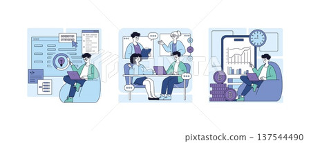 Vector illustration showcasing team collaboration with individuals engaging in coding, teamwork discussions, and financial data analysis. Ideal for themes on teamwork and innovation. 137544490
