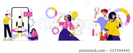 Vector illustration depicting modern technology themes. Includes a rocket launch on a smartphone, a female in virtual reality interacting with graphics, and a team examining data charts. 137544491