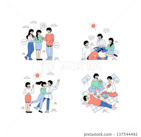 Vector illustration depicting a group of friends engaged in various outdoor activities. Scenes include chatting, hugging, and enjoying a picnic, highlighting relaxation and friendship. 137544492