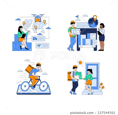 Vector illustration depicting global delivery and logistics actions. Includes package tracking, warehouse sorting, bicycle courier delivery, and final doorstep package handover. Vector illustration depicting global delivery and logistics actions. Includes package tracking, warehouse sorting, bicycle courier delivery, and final doorstep package handover. 137544502