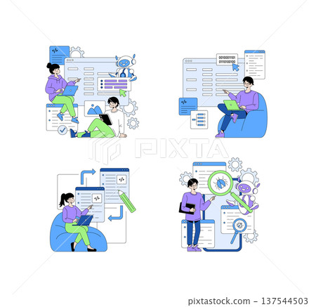 Vector illustration depicting various collaborative scenes in coding and software development. People interact with digital interfaces, robots, and code, symbolizing teamwork and innovation. Vector illustration depicting various collaborative scenes in coding and software development. People interact with digital interfaces, robots, and code, symbolizing teamwork and innovation. 137544503