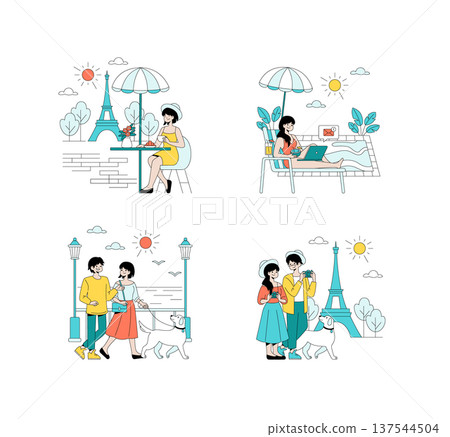 Vector illustration depicting Parisian outdoor activities. Features dining by the Eiffel Tower, working poolside on a laptop, and strolling with a dog in park settings. 137544504