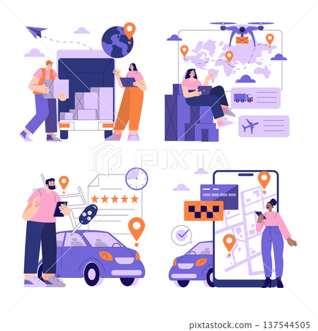 Vector illustration showcasing global logistics with a delivery truck, world map, and package tracking, alongside a ridesharing concept with a car, smartphone app, and navigation. 137544505