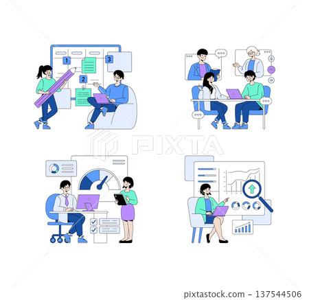Vector illustration showing diverse business team engaged in collaboration and planning. Scenes depict teamwork, project management, and data analysis, highlighting effective communication. Vector illustration showing diverse business team engaged in collaboration and planning. Scenes depict teamwork, project management, and data analysis, highlighting effective communication. 137544506